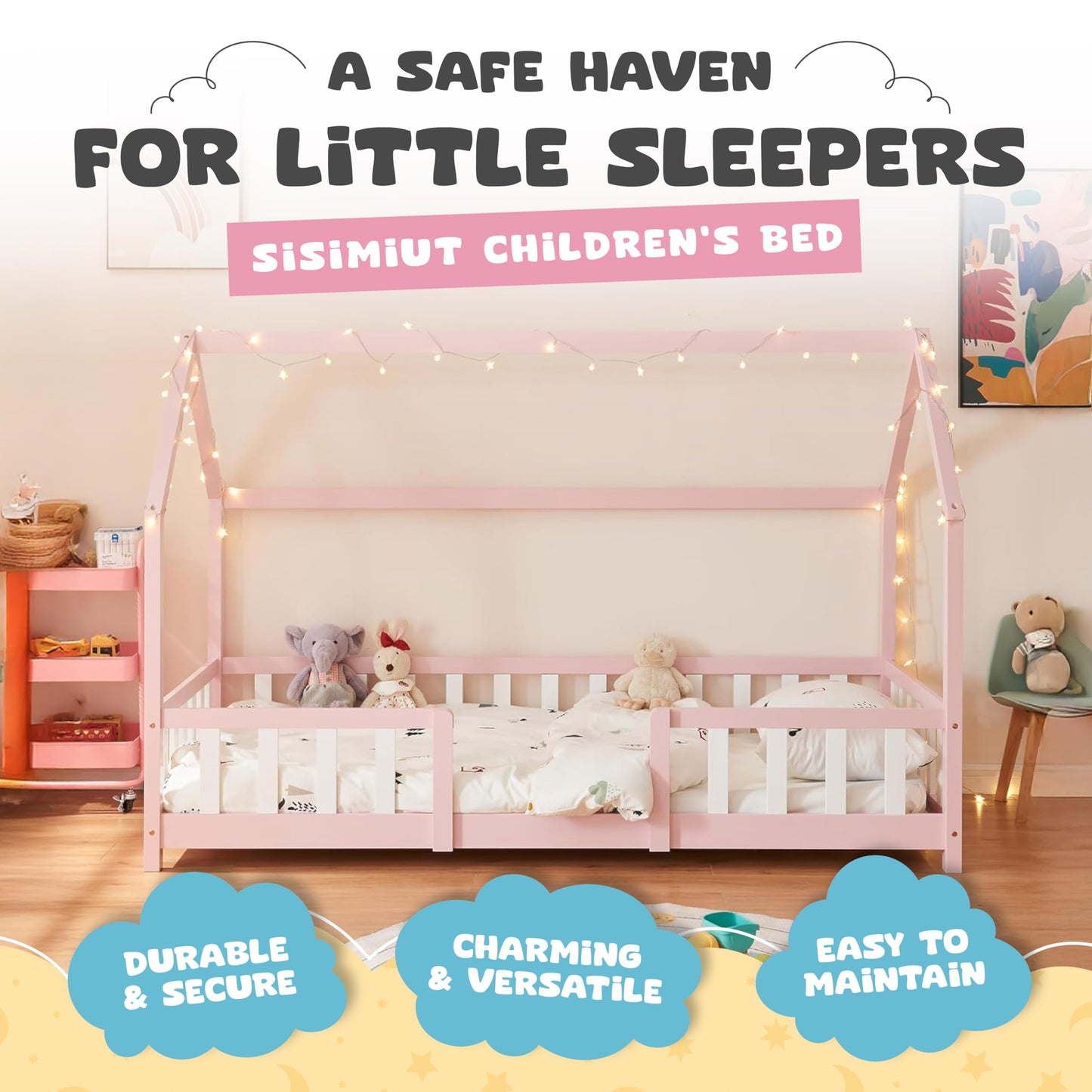[en.casa] Children's bed Sisimiut House bed 90 x 200 cm with fall-out protection Slatted frame Pine Pink/White