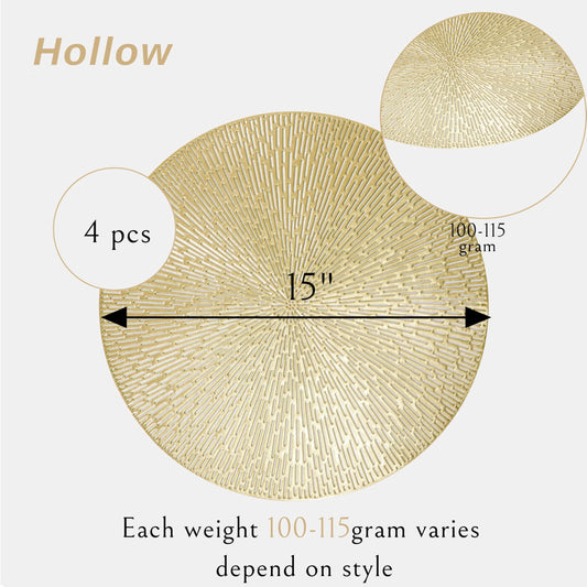 Snowkingdom Gold Round Placemats Set of 4, Golden Vinyl Metallic Hollow 15 Inch Place mats, Washable Easy Clean Wipeable Non Slip Stain Heat Resistant Dining Table Mats for Wedding Party Decoration