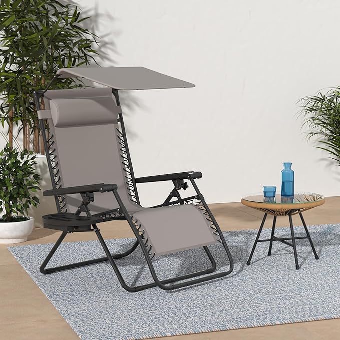 Best Choice Products Folding Zero Gravity Outdoor Recliner Patio Lounge Chair w/Adjustable Canopy Shade, Headrest, Side Accessory Tray, Textilene Mesh - Ice Gray