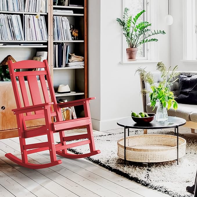 LUE BONA Outdoor Rocking Chairs Set of 2, HDPS Porch Rocker with High Back, Plastic Weather Resistant Rocking Chairs for Outdoor Indoor, Garden, Backyard, 350lb, Bright Red