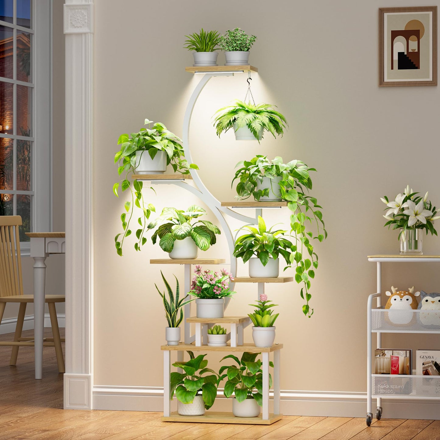 Plant Stand Indoor with Grow Lights - 62" Tall Plant Shelf, Lighted Corner Plant Stands for Indoor Growing, 8 Tiered Large Flower Holder, S-Shaped Plants Rack for Living Room, Patent Design, Natural