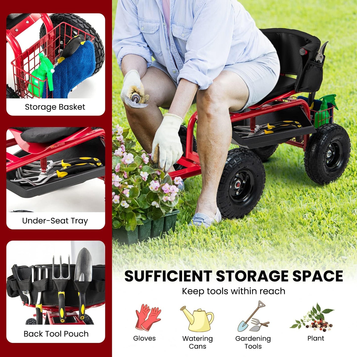 ERGOMASTER Rolling Garden Seat with Wheels, Adjustable 360° Swivel Workseat and Storage Basket, Extendable Handle, Outdoor Gardening Wagon Scooter, Red