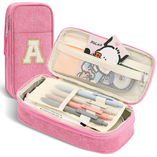 GIFTOXO Pencil Case for Girls Women, Back to School Supplies, Preppy Pencil Case, Large Initial Pencil Pouch with Zipper, Cute Pencil Bag, Aesthetic Pen Case Box for Kids Teen Girls - A(Pink)