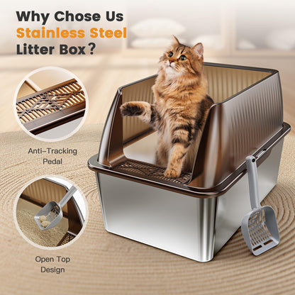 Tripamin 15” XL Stainless Steel Cat Litter Box Enclosure, XXL Stainless Steel High Sides with Lid, Extra Large Metal Cat Litter Box, Anti Leakage, Non-Sticky, Easy Cleaning, Includes Scoop