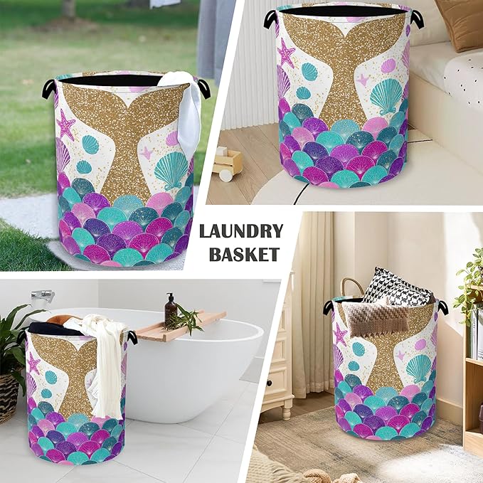 Fish Scales Laundry Basket, Mermaids Seashell Foldable Oxford Cloth Tote Bag