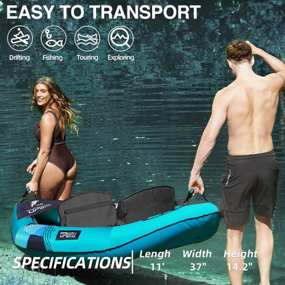 11' Inflatable Kayak with Drop Stitch Floor 1 Person 2 Person Adult Blow up Kayaks Foldable Boat Canoe, Aurora Blue