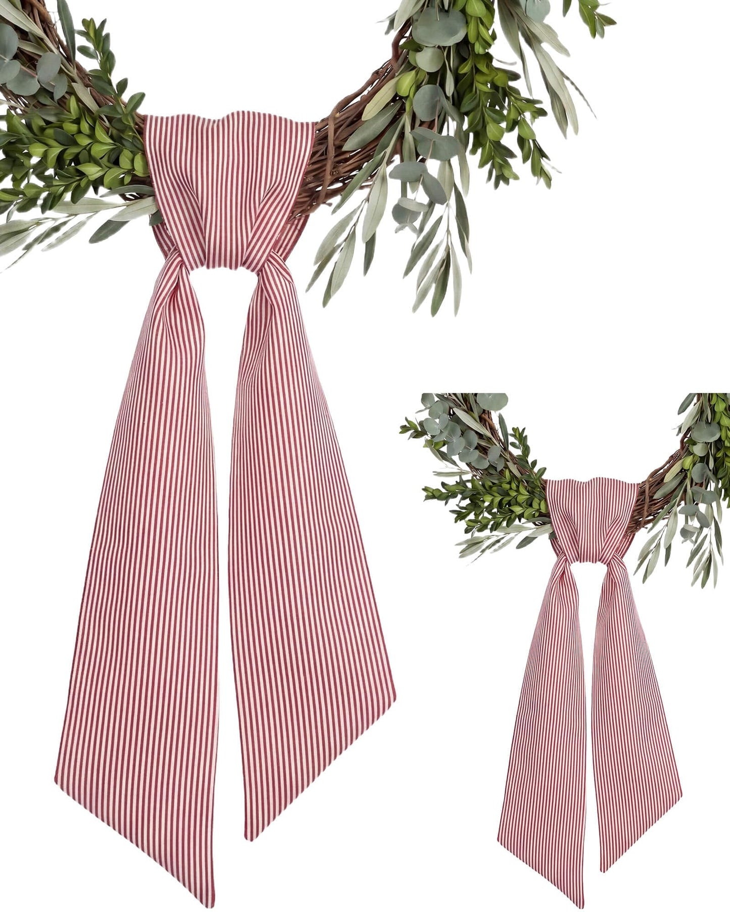 Kutyndrix Red and White Striped Wreath Sash 2 Pack for Front Door, 5.12" x 54.33" Each Holiday Christmas Door Ribbon Decorations Set