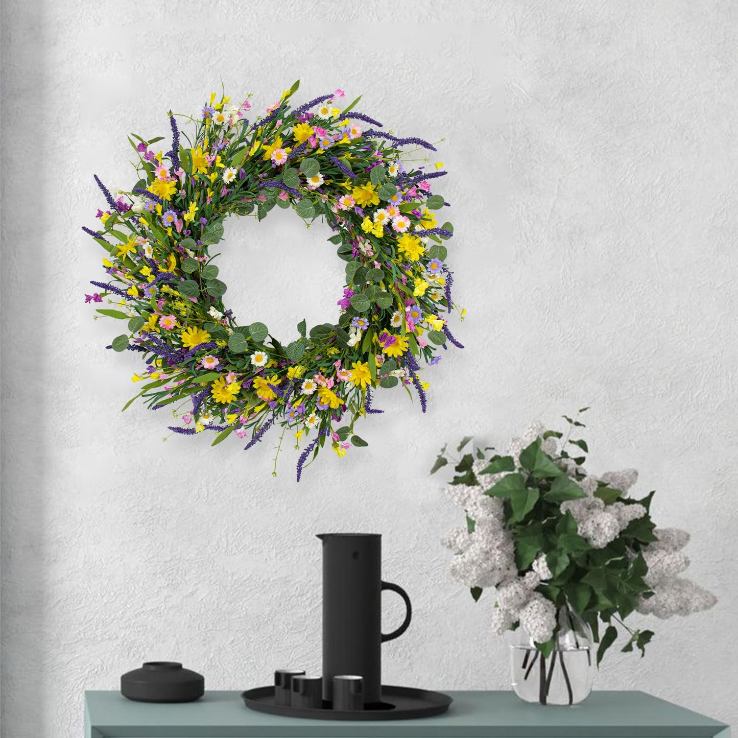 J'FLORU Large Spring Wreaths for Front Door 28 Inch Artificial Spring Wreath Summer Flower Wreath with Daisy and Lavender for Indoor Outdoor Wall Window and Easter Celebration