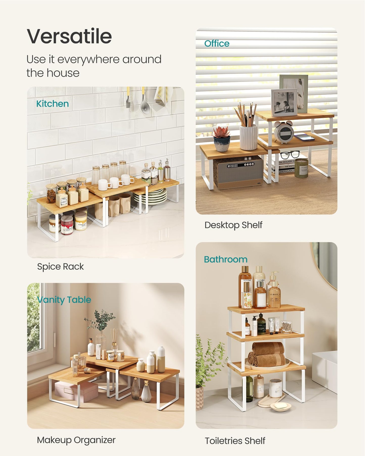 SONGMICS Cabinet Organizer Shelf, Set of 3 Kitchen Counter Shelves, Kitchen Storage, Spice Rack, Stackable, Expandable, Cloud White and Natural Beige UKCS014YL02