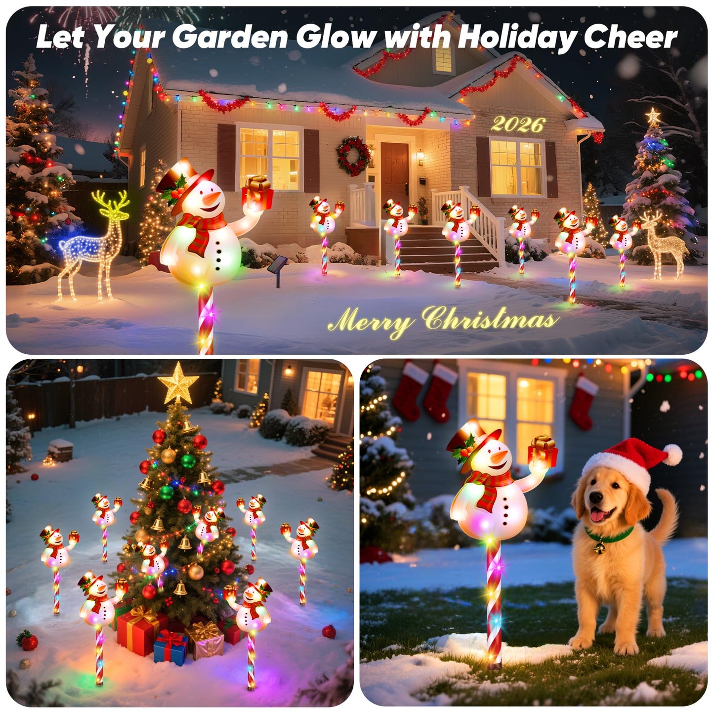 NESSTU Solar Christmas Decorations Outdoor: Set of 5 Snowman Pathway Lights with Candy Cane Stakes - 10 Modes Waterproof Solar Powered Holiday Yard Decor for Garden Lawn Walkway - Gifts for Women Men