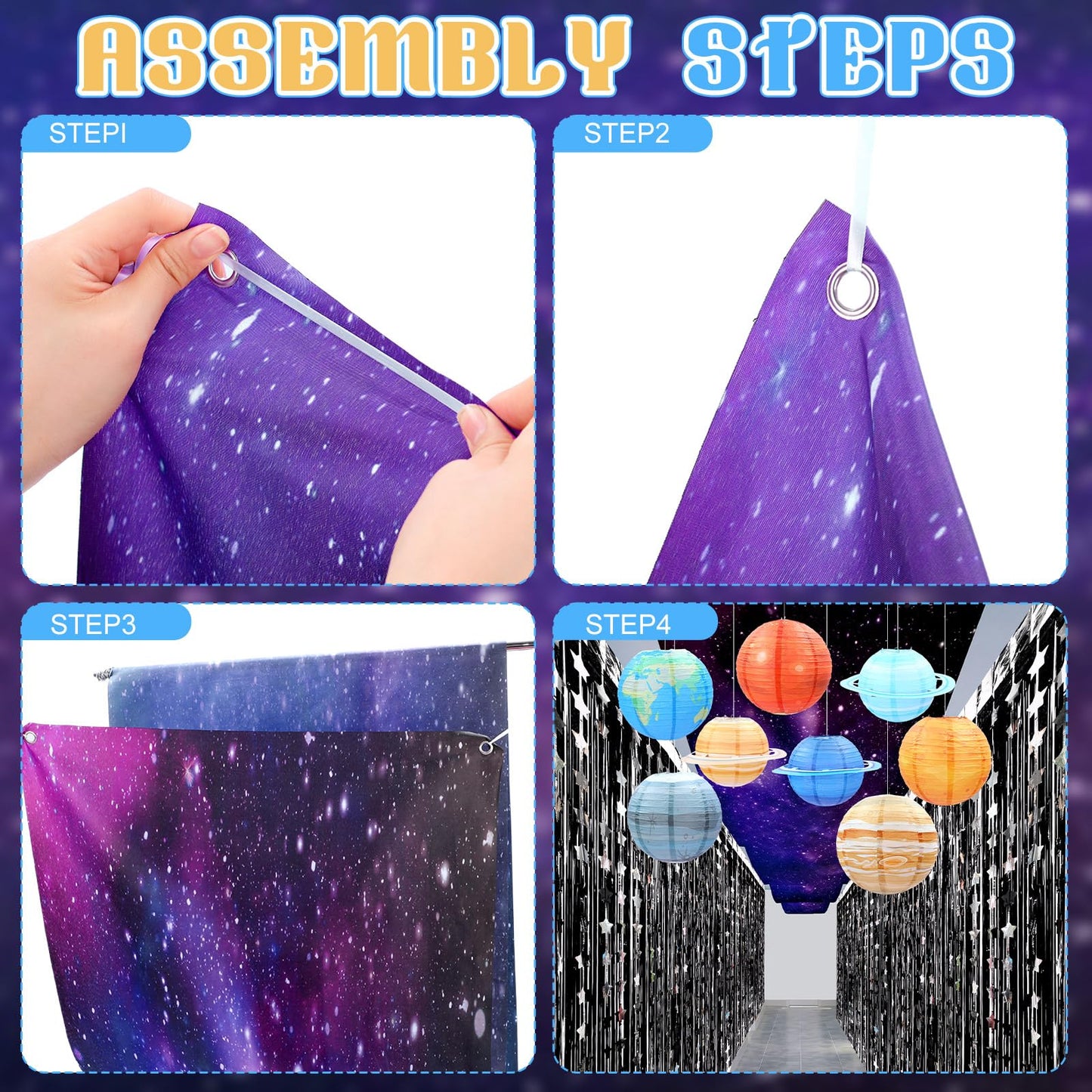 Tingjoo 13 Pcs Space Galaxy Ceiling Decorations for 2026 Vbs Space Themed Classroom Decor 12 x 2 ft Hanging Backdrop, 8 Solar System Lanterns & Star Foil Fringe Curtains Ornament for Party Decorations