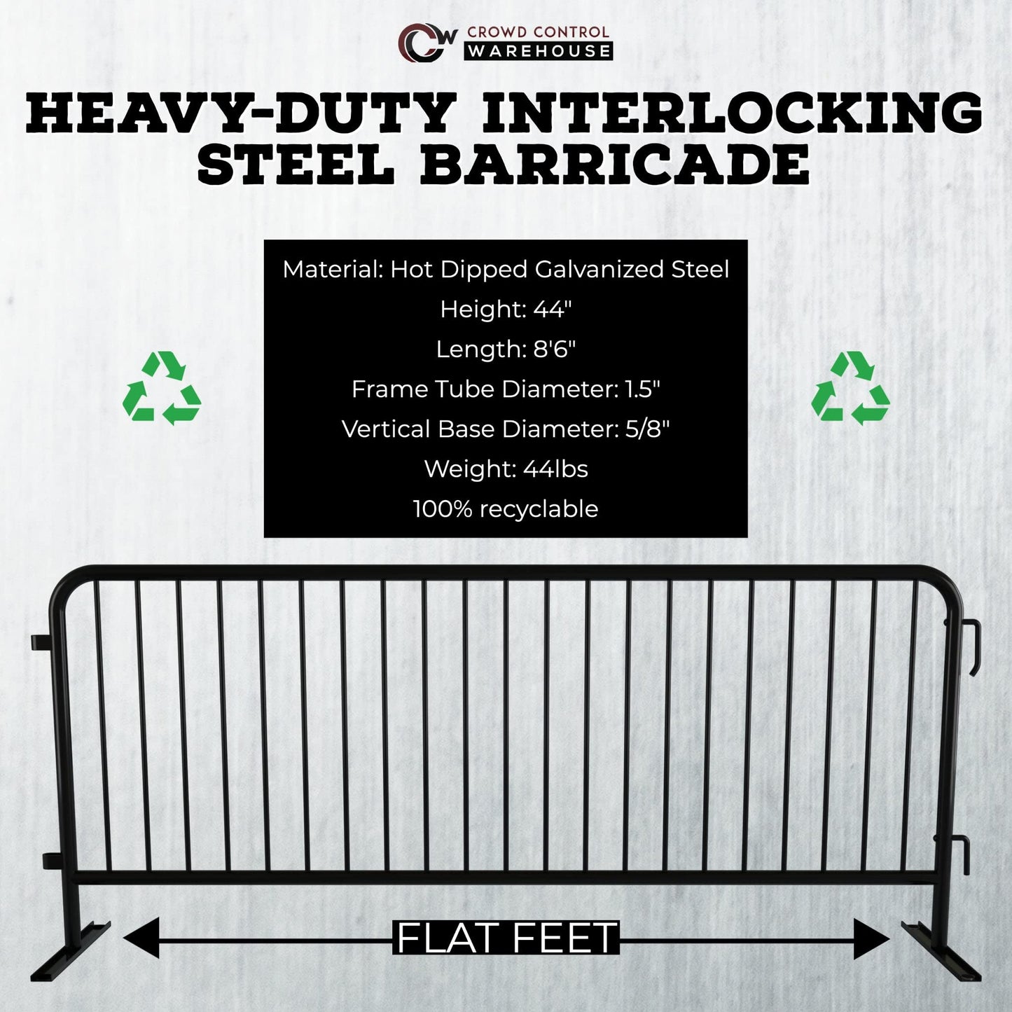 Angry Bull Barricades Barricade in a Box 2.0 - Heavy Duty Interlocking Steel Barricade, 8.5 Ft. (Black, Flat feet)