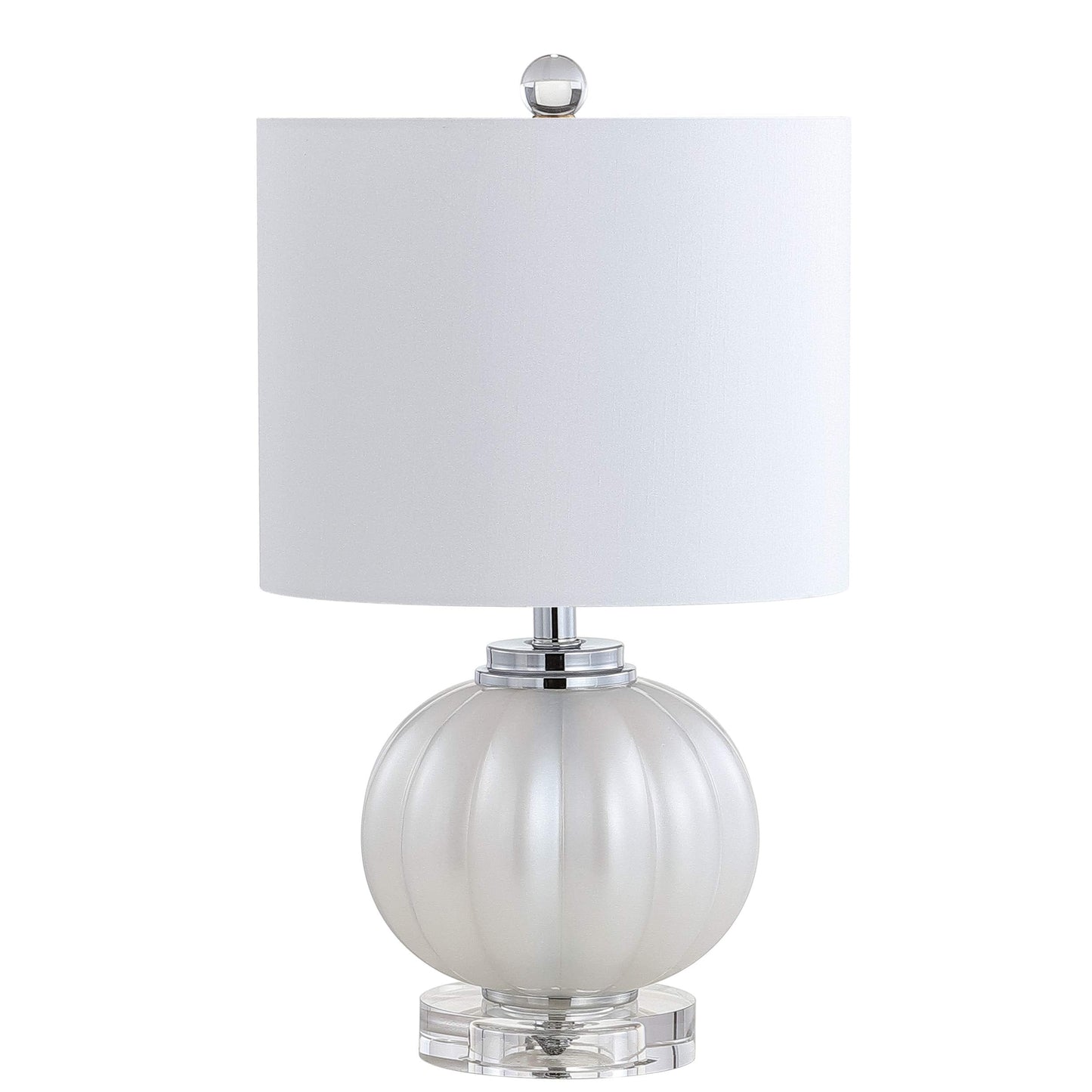 JONATHAN Y 17.5" White/Chrome Glass Table Lamp, Modern Crystal Bedside Lamp for Bedroom Living Room Nightstand, Glam Ribbed Accent Lamp, White Faux Silk Shade, LED Bulb JYL2076A