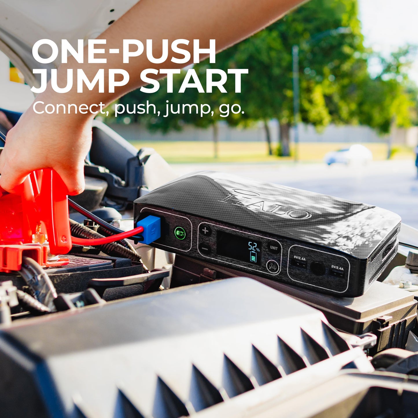 HALO Bolt Air 58830 Portable Car Battery Jump Starter | 100 PSI Air Compressor, 58.8Wh USB Power Bank, Emergency Floodlight & Charger, Jumps Cars SUVs & Trucks, Inflates Tires, TSA Approved — Blue