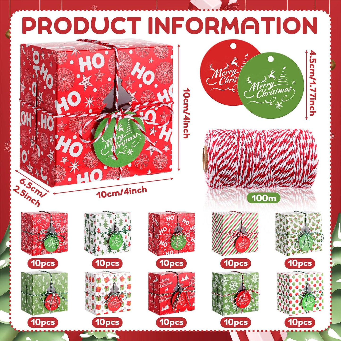 Glenmal 100 Set Christmas Bakery Cookie Boxes Cupcake Containers with Christmas Tree Window Xmas Day Cupcake Candy Goody Treat Gift Boxes with Cotton Rope Label for Xmas Party Favors Supplies