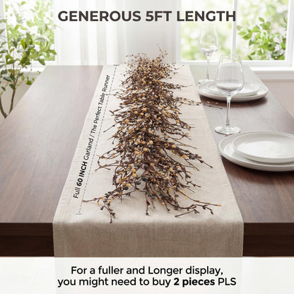 Quixem 60 Inch (5FT) Rustic Grey Cream and Tan Pip Berry Garland for Fireplace Mantel & Table Runner, Flexible Wired Artificial Vine, Everyday Farmhouse Decor, Precise Size