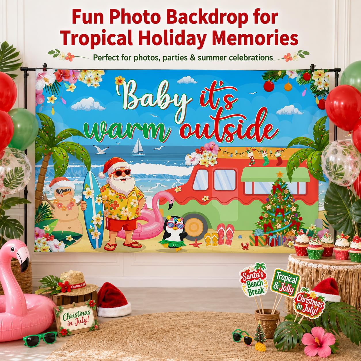 Christmas in July Backdrop 72x43 Inch Polyester Fabric, Baby Its Warm Outside Summer Santa Beach Party Decorations, Tropical Holiday Photo Background for Pool Luau Wall Decor