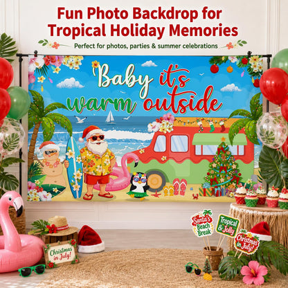Christmas in July Backdrop 72x43 Inch Polyester Fabric, Baby Its Warm Outside Summer Santa Beach Party Decorations, Tropical Holiday Photo Background for Pool Luau Wall Decor