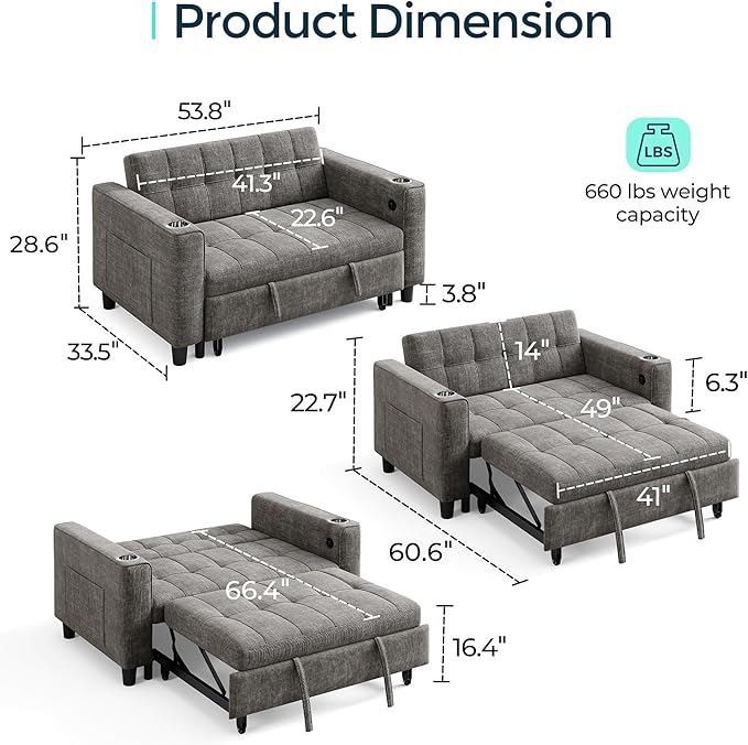 LINSY 54" Pull Out Couch with Charging Station, Small Sleeper Sofa Bed with Cup