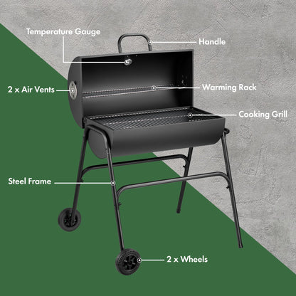 VonHaus Charcoal BBQ – Portable Barrel Barbecue with Warming Rack, Temperature Gauge, Wheels, Large Cooking Grill, Air Vents – 2 in 1 Barbeque and Smoker – Grill Meat, Fish & Vegetables