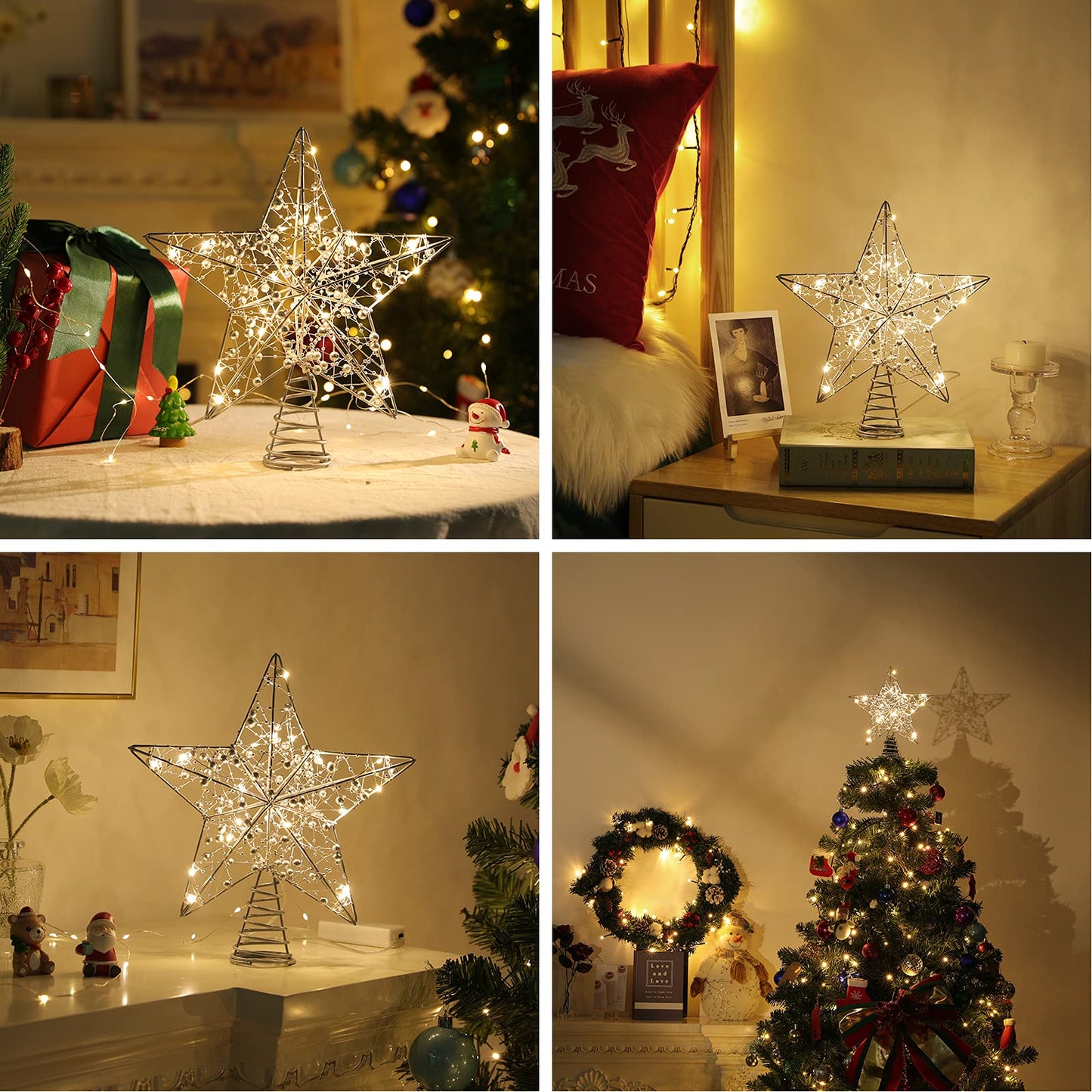 Lewondr Christmas Star Tree Topper, USB Powered Remote Controlled 11 Inch Christmas Tree Topper Beaded Star Light, 6H Timer Christmas Tree Star Topper for Xmas Tree Home Holiday Party Decor, Silver