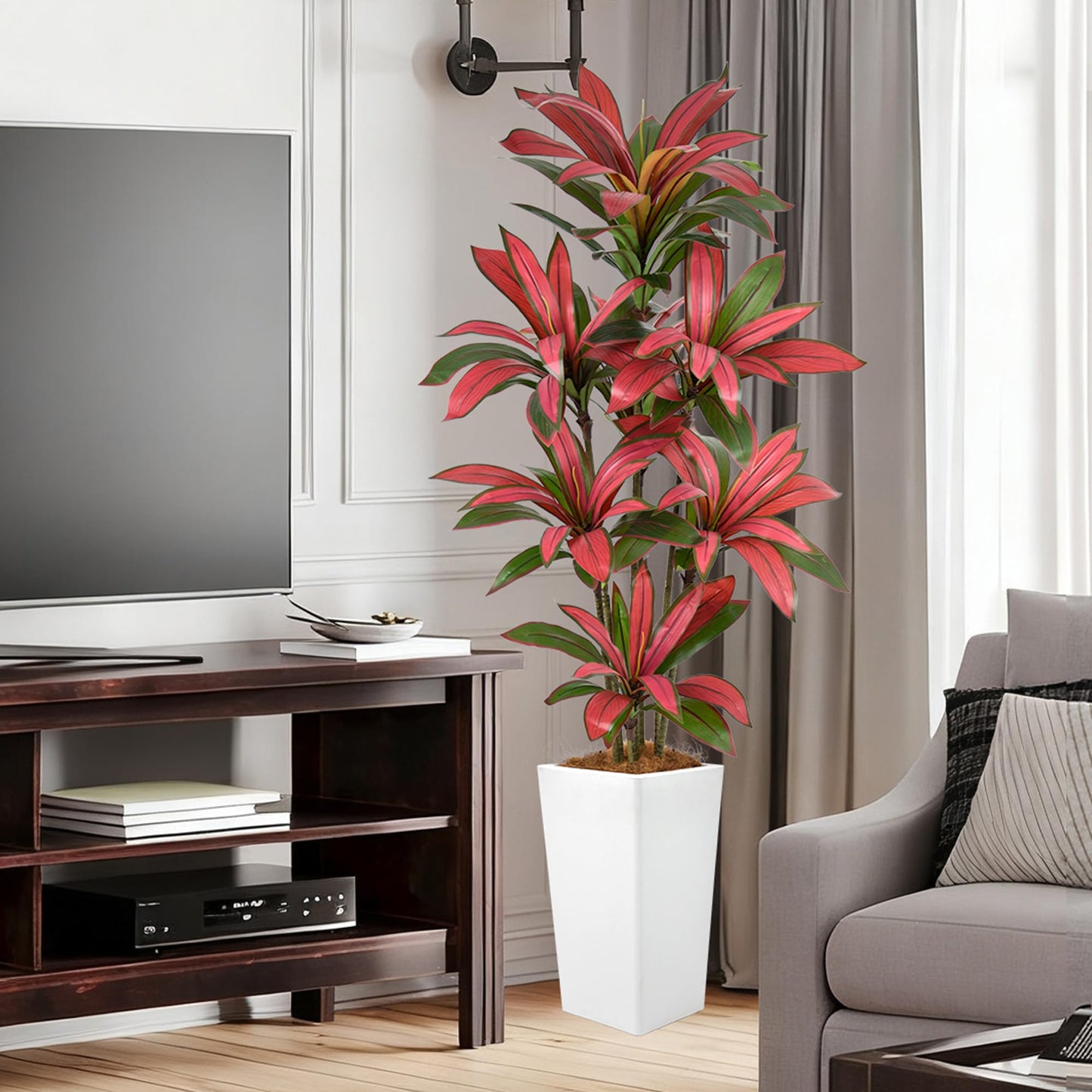 6FT Artificial Dracaena Tree - 72in Faux Dracaena Tree with White Planter, Realistic Trunk & Lifelike Red Foliages, Tall Fake Tropical Floor Plant Potted for Home Office Living Room Indoor Decor