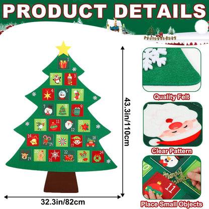 Christmas Tree Advent Calendar 2025, 24 Days Countdown Calendar with 24 Festive Pockets Advent Christmas Countdown Calendar Xmas Hanging Advent Calendar Wall Door Hanging Decor Gift for Kids Adults