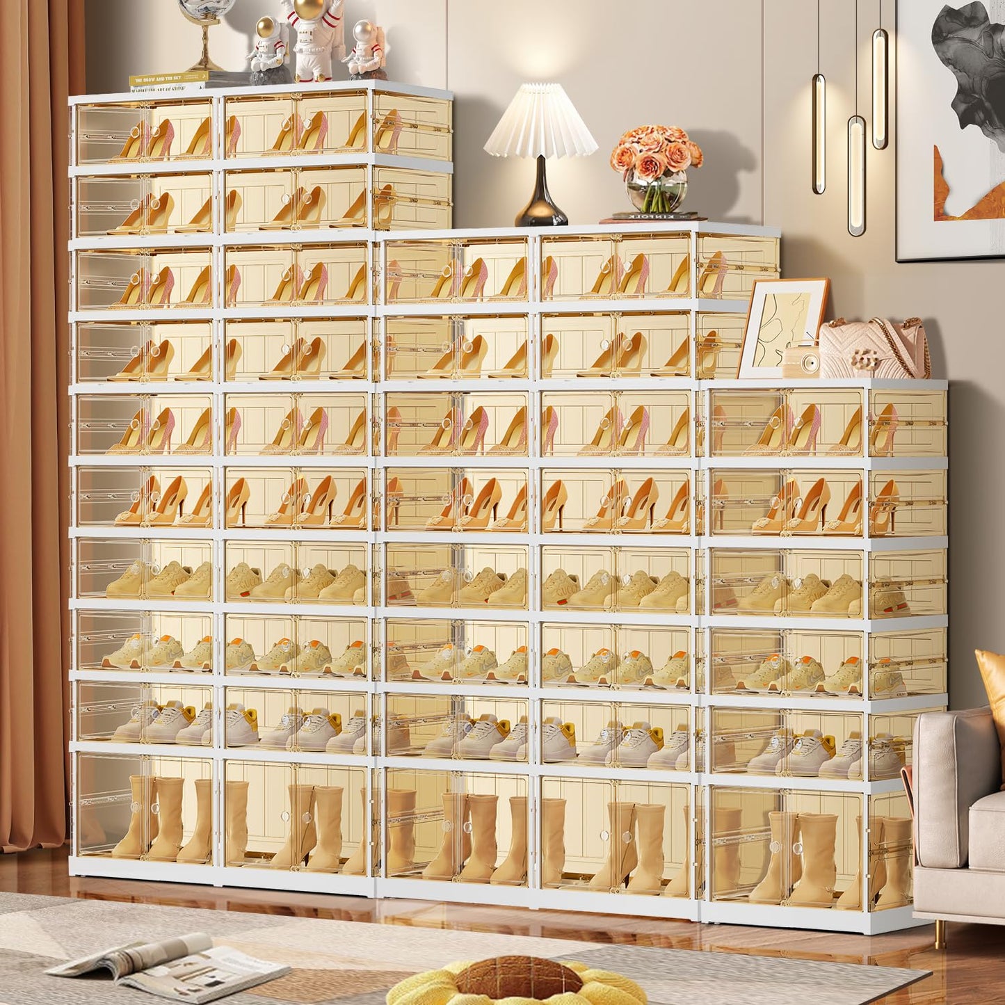 EHAMILY 8 Tiers 16-32 Pairs Foldable Shoe Rack for Closet Plastic Stackable Shoe Boxes for Garage Collapsible Shoes Shelf with Doors Storage Organizer Cabinet Quick Assembly,Brown