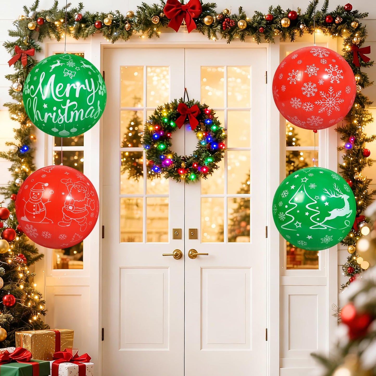TaoQ C 4 PCS 16 Inch Christmas Inflatable Balloons PVC Hanging Christmas Inflatable Outdoor Balls for Xmas Garden Lawn Yard Holiday Front Door Decoration