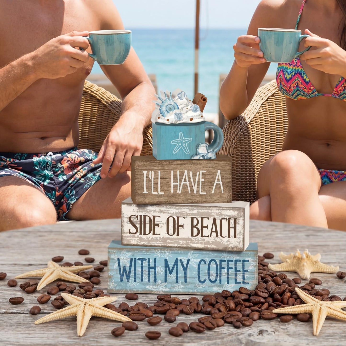 Lineshading 4 Pcs Summer Table Decorations Beach Coffee Bar Wooden Block Sign Blue Rustic Coastal Tiered Tray Decor with Coffee Cup Summer Centerpieces Decor for Beach Nautical Party Office Home
