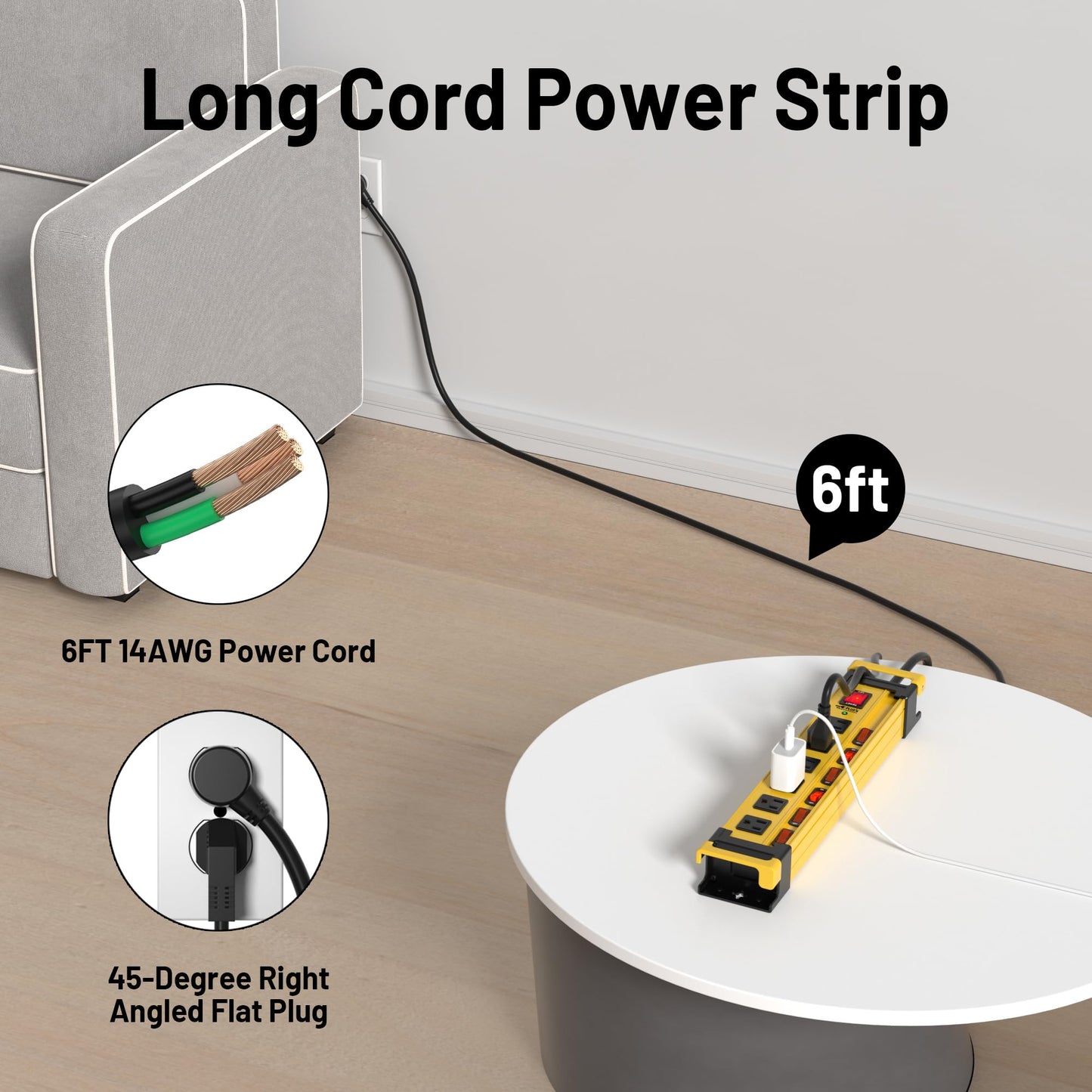 Power Strip Surge Protector 2700J with Individual Switches and Flat Plug, 3FT Heavy Duty Cord 6 Wide Spaced Outlet Mountable Metal Power Strips with Cord Manager and Hanger