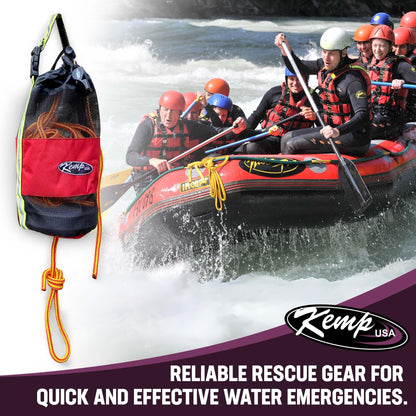 Kemp USA Throw Bag with 75 Foot Floating Rescue Rope Reflective Strap Self Draining Mesh Bag Throwable Flotation Water Rescue Safety Equipment Includes Bengal Whistle Red
