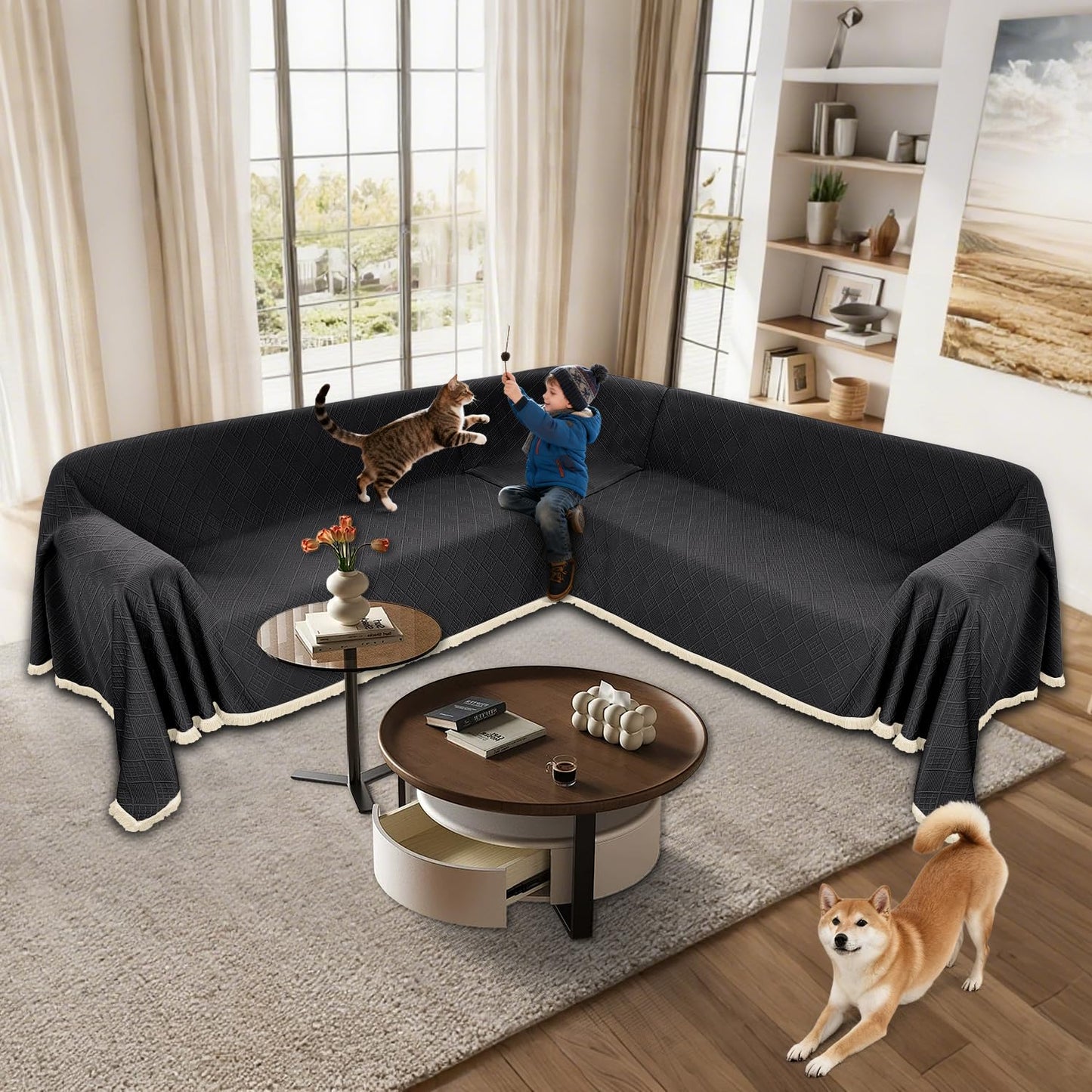 HYZOTEX Waterproof Sectional Couch Covers Sectional Sofa Cover L Shaped Corner Sofa Slipcovers Blanket for Dogs Pets Washable Jacquard Quilted L Shape Furniture Protector (75x276 in, Charcoal Black)