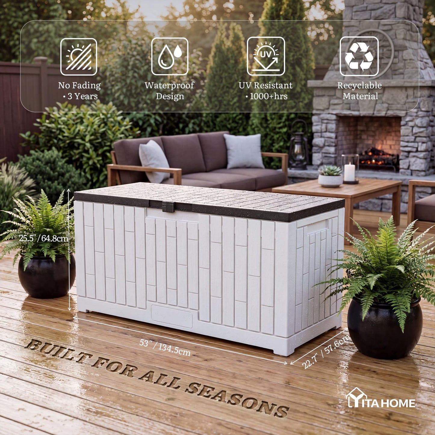 YITAHOME Large Deck Box 120 Gallon Resin Outdoor Storage Box w/Slide-Locking Black Lid, Patio Storage Bin for Outdoor Pillows, Garden Tools and Pool Supplies, Waterproof, Lockable, Grayish-White