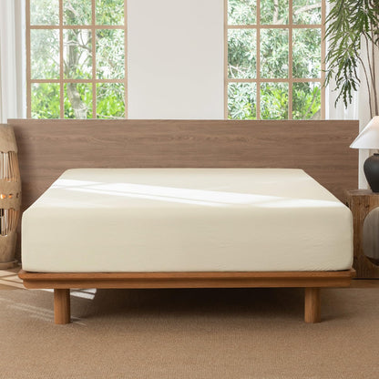MooMee Fitted Bottom Sheet Only 100% Washed Cotton Linen Like Textured Breathable Durable Soft Comfy Deep Pocket Fits Mattress up to 17" (Cream White, Queen)