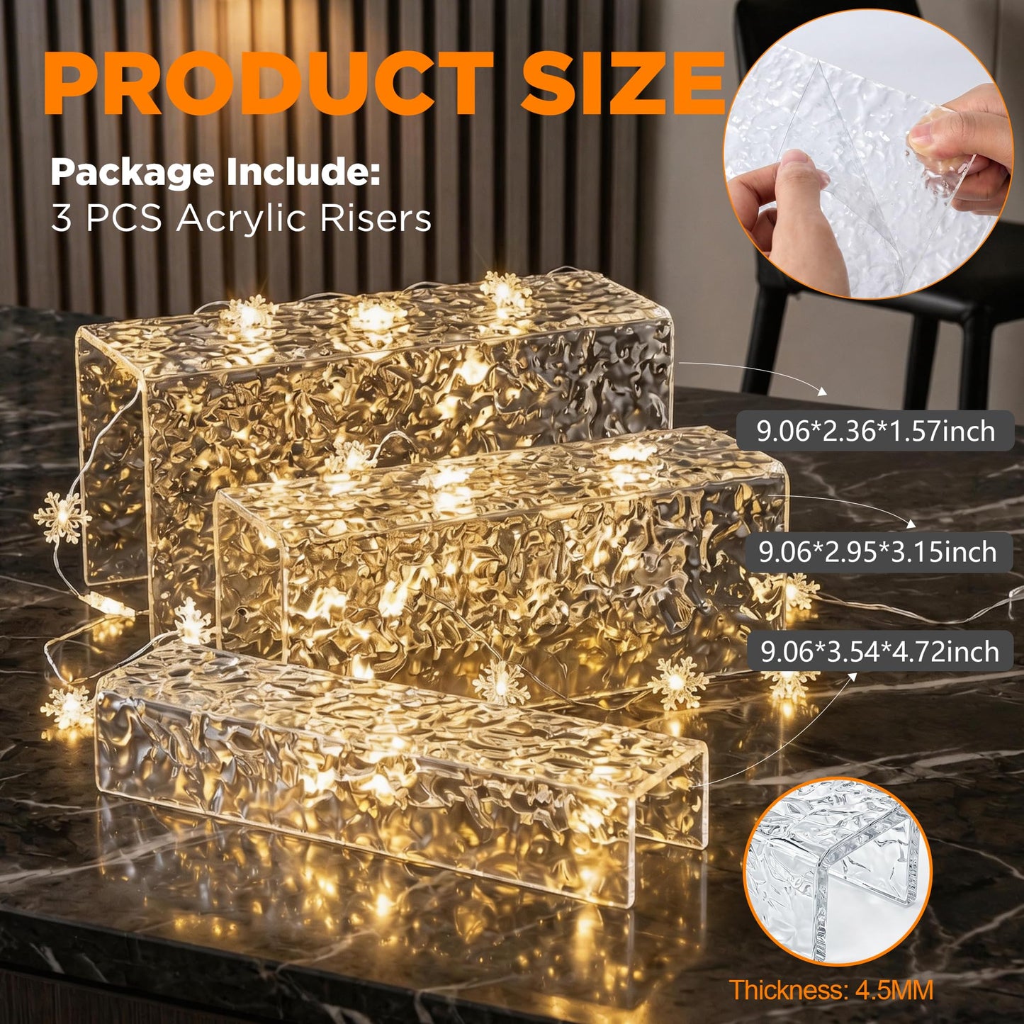 RICIPUSO 3 Pcs Clear Acrylic Display Stand with Crystal Texture, 4.5mm Thick Premium Acrylic Riser Set for Jewelry, Desserts, Handbags & Collectibles, Multi-Size Display Holder for Party & Home Decor