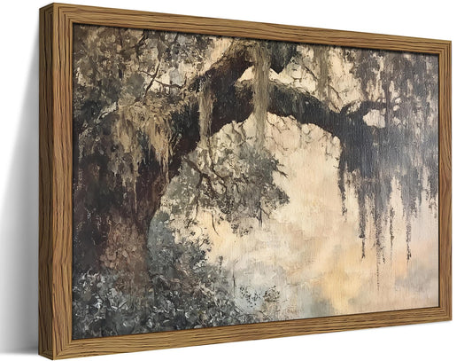 Framed Cottagecore Canvas Wall Art, Vintage Live Oak Tree Pictures Print, Charleston Spanish Moss Oil Paintings, Farmhouse Savannah Southern Wall Decor for Entryway Living Room – 8x10 inch