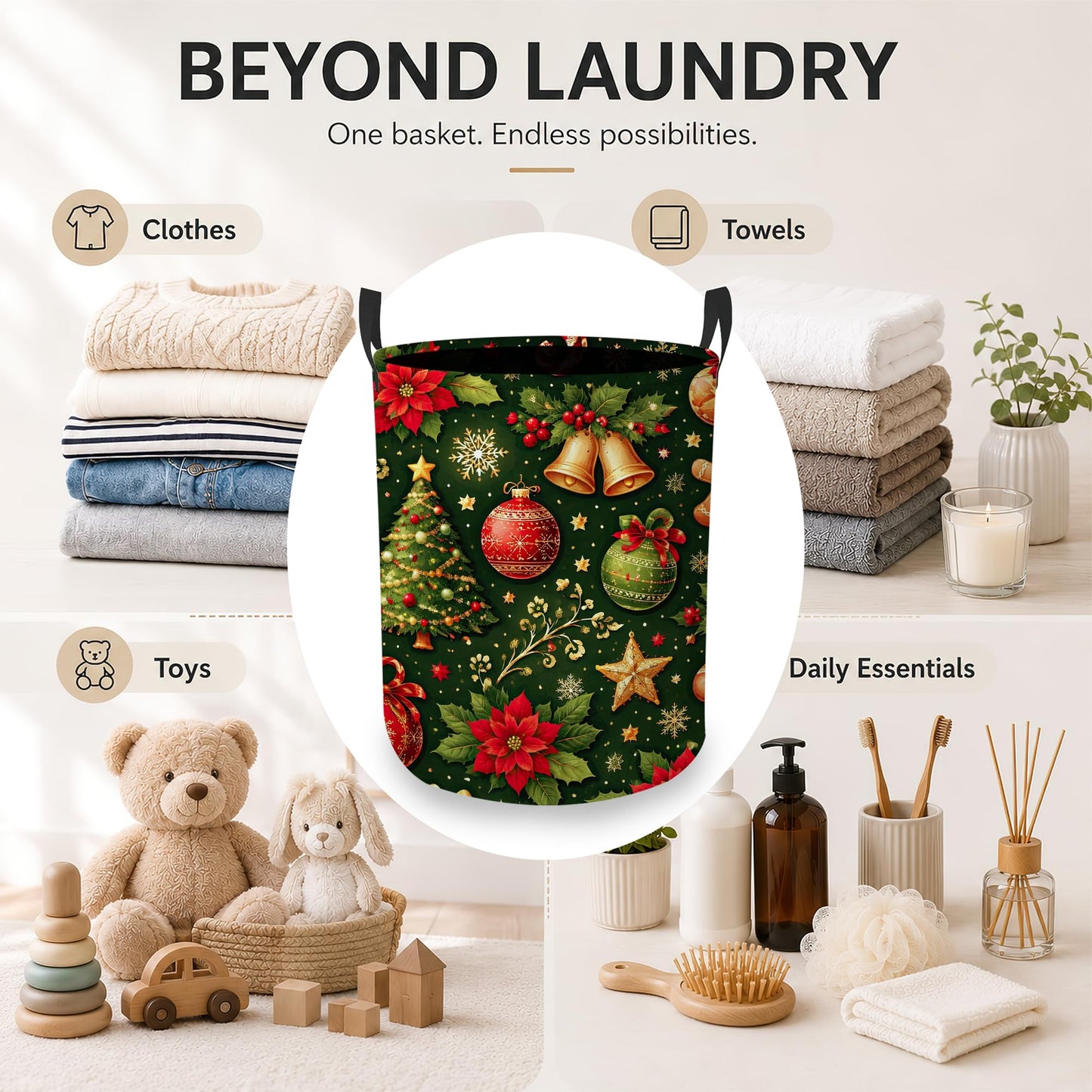 Christmas Tree Laundry Basket, Foldable Oxford Cloth Candy Gingerbread Man Laundry Hamper with Handles, Tote Bag Clothes Storage Bucket for Laundry Room/Bathroom/Bedroom/Dormitories 20.8"x16"
