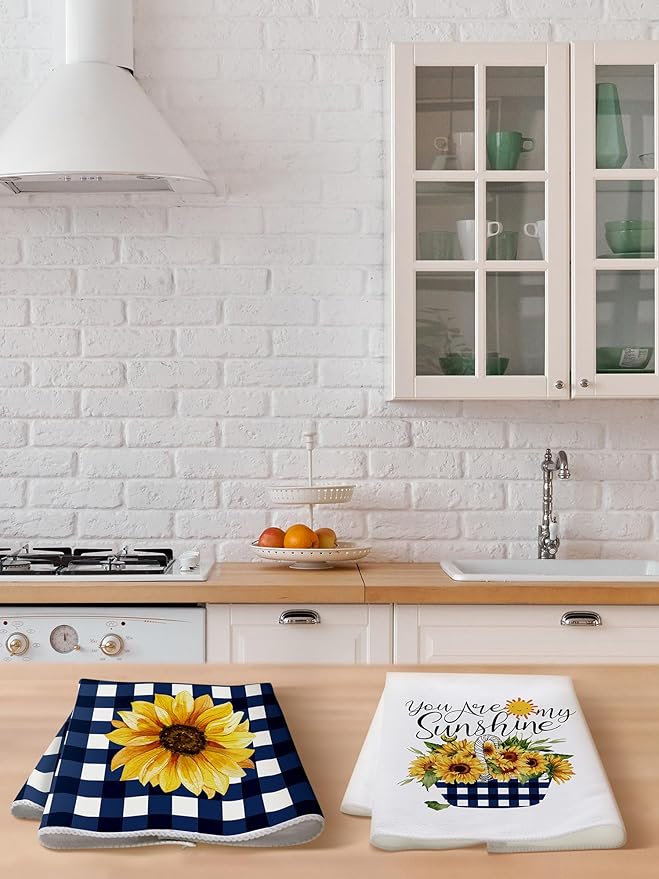 Bencailor 4 Pcs Sunflower Kitchen Towels Blue and White Floral Hand Dish Towels