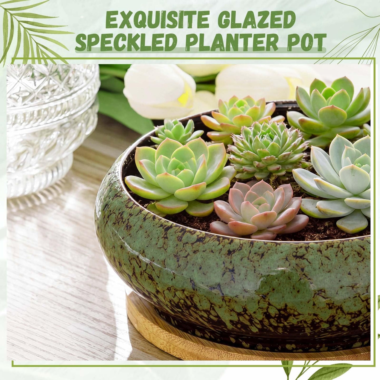Acellegic 5 Pcs 7.3'' and 4'' Round Large Shallow Succulent Ceramic Planter Pots with Drainage Hole Drip Glazed Shallow Bonsai Pot with Bamboo Tray for Indoor Outdoor Plants Decor Cactus Flower