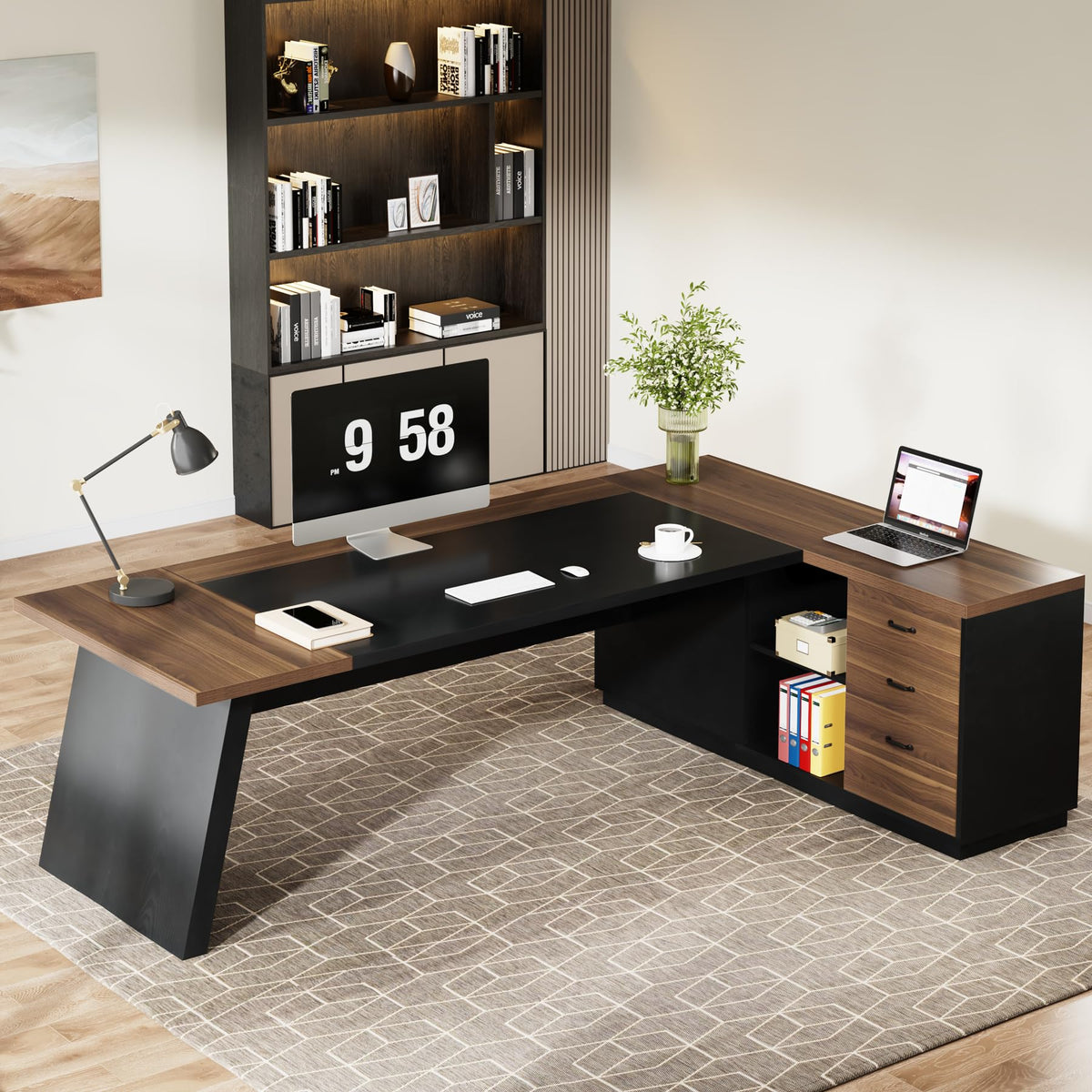 Tribesigns 78" L-Shaped Executive Desk, Extra Large Modern Office Desk with Drawers and File Cabinet, Business Furniture with Storage Shelves, Big Computer Desk for Home Office (Light Walnut + Black)