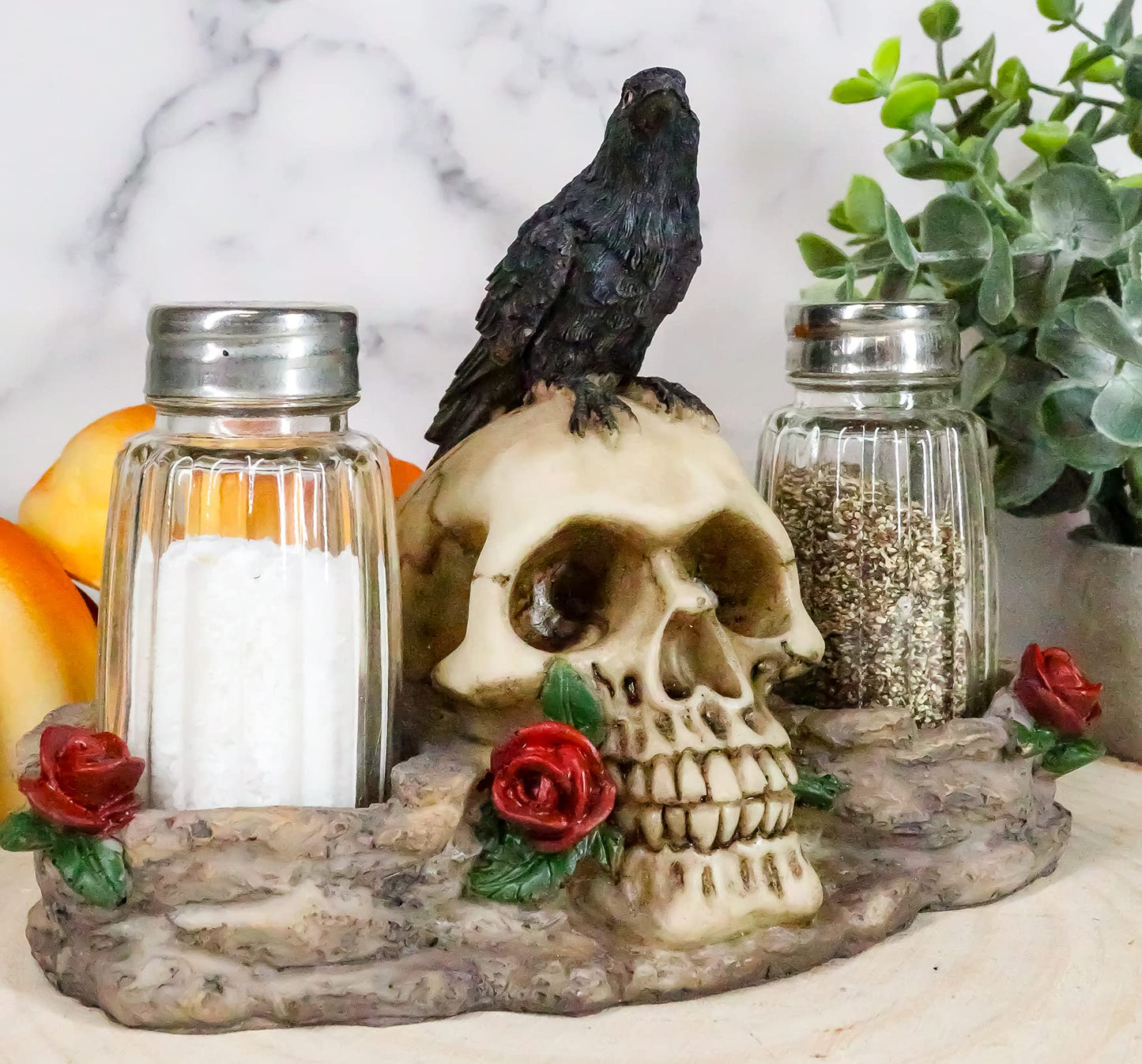 Ebros Day Of The Dead Raven Crow With Rose Skull Salt And Pepper Shakers Holder Figurine Set 6.25"L Halloween Graveyard Spooky Macabre Skulls Skeletons