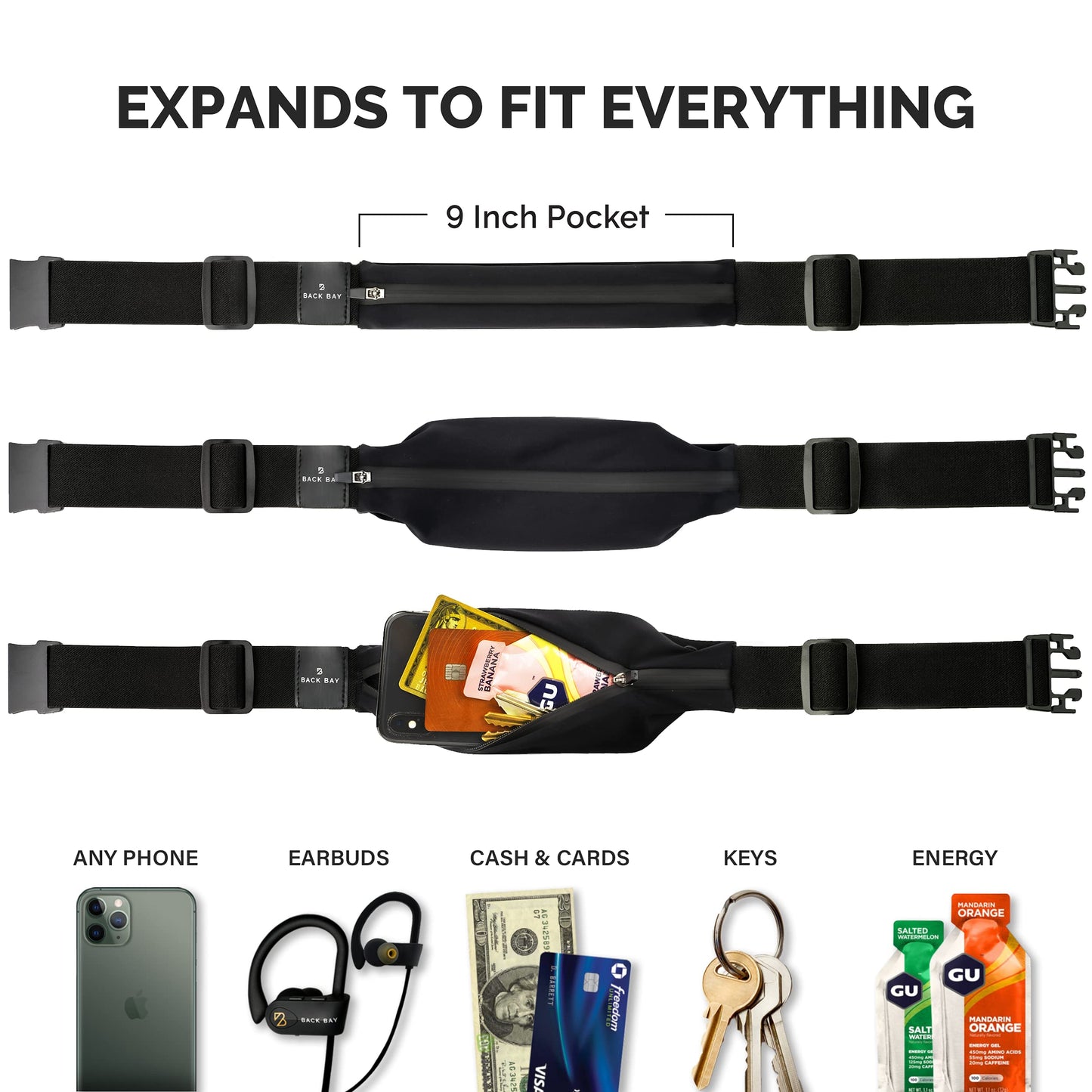 Back Bay Slim Running Belt for Women & Men [Fits ALL Phones], Runners Fanny Pack for Men, Money Belt, Running Gear Gift, Waist Bag Workout Gear, iPhone Runner's Phone Holder Waist Pack