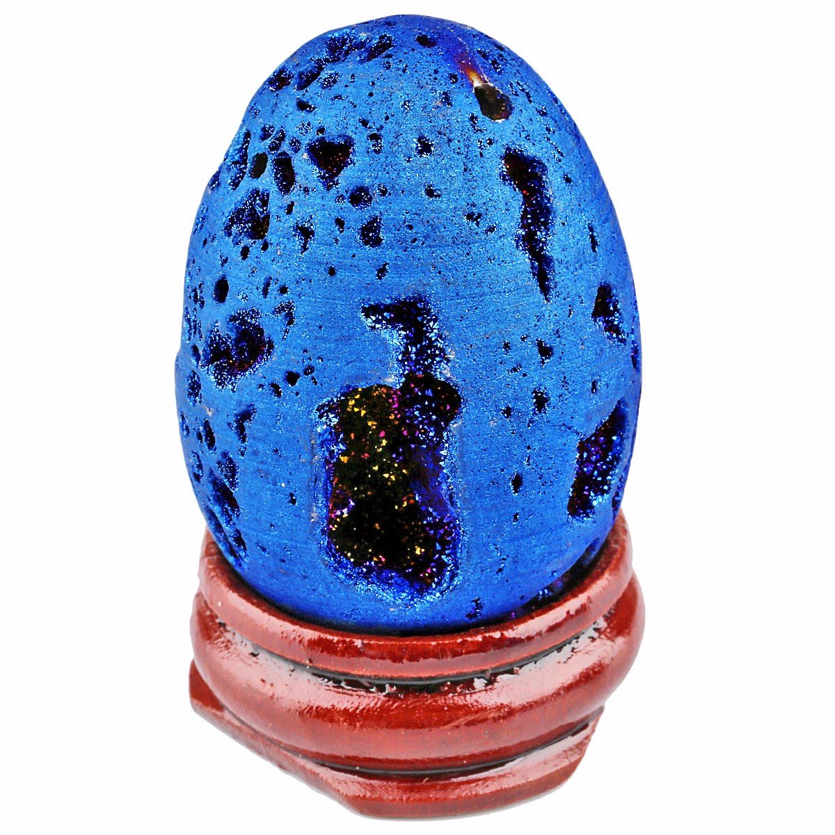 mookaitedecor Druzy Agate Geode Specimen, Deep Blue Titanium Coated Quartz Crystal Egg Figurines with Wood Stand