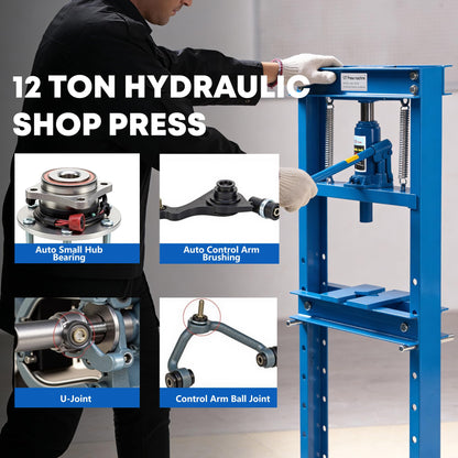 Garvee 12 Ton Hydraulic H-Frame Shop Press with Adjustable Table and Stamping Plates for Auto Repair Garage, Blue