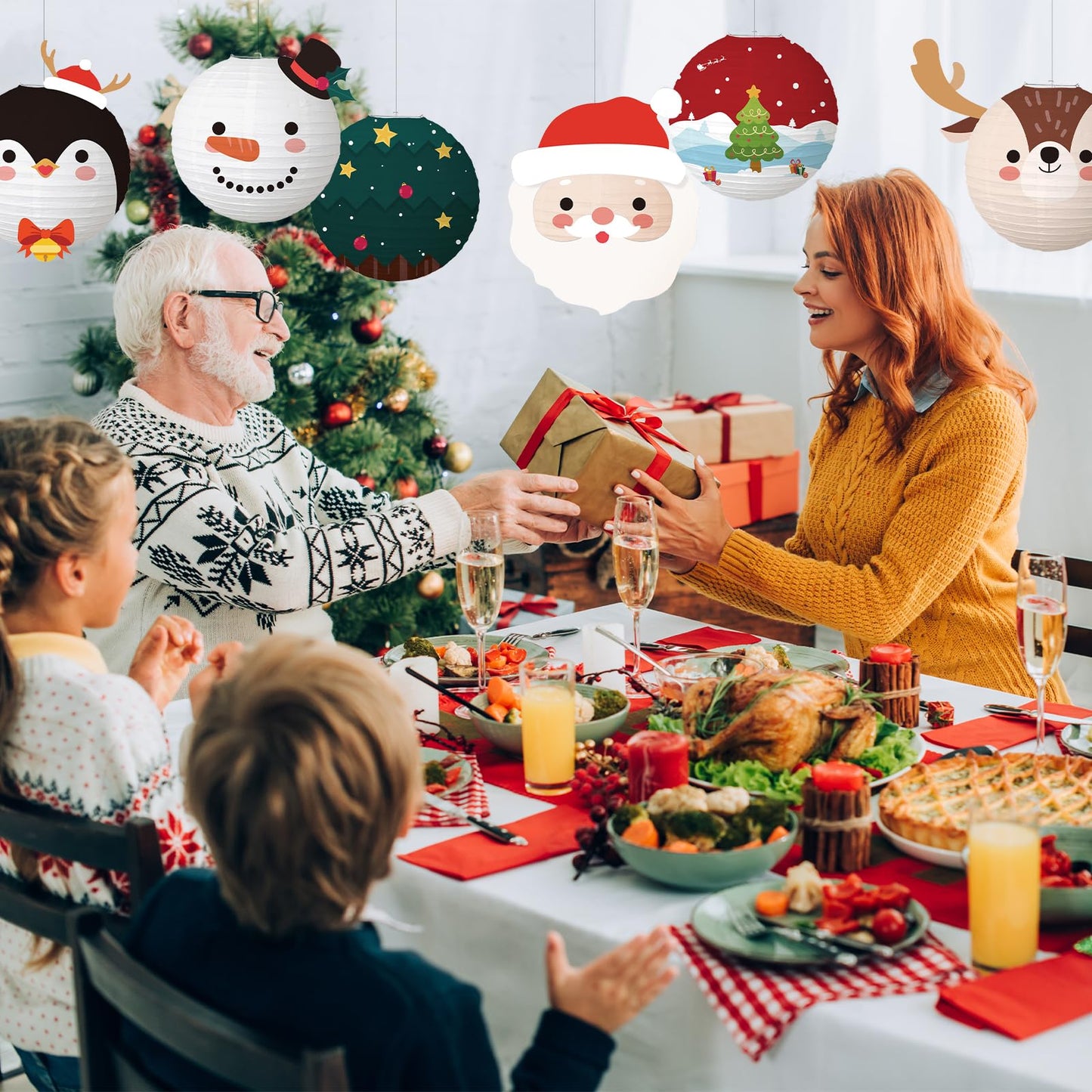 6 Pcs Christmas Hanging Paper Lanterns, 12 Inches Reindeer Santa Snowman Christmas Tree Round Hanging Paper Lanterns for Xmas Home Decoration Supplies Props Holiday Decor