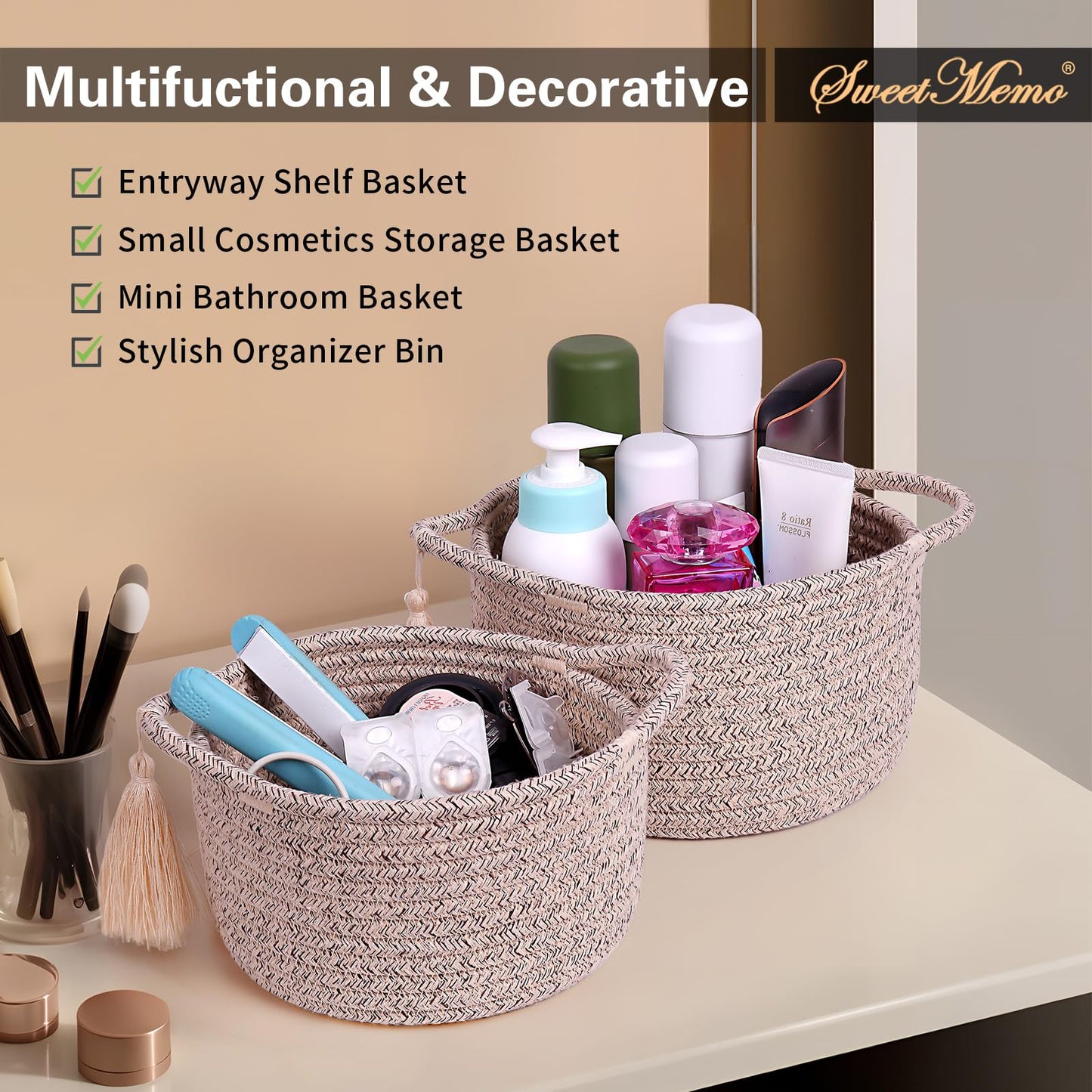 SweetMemo Small Gift Basket Empty Set of 2 - Little Cute Woven Rope Organizer Bins for Baby Shower Gifting, Makeup, Bathroom, Desk, Decorative Vanity - Pre-Shaped, Brown