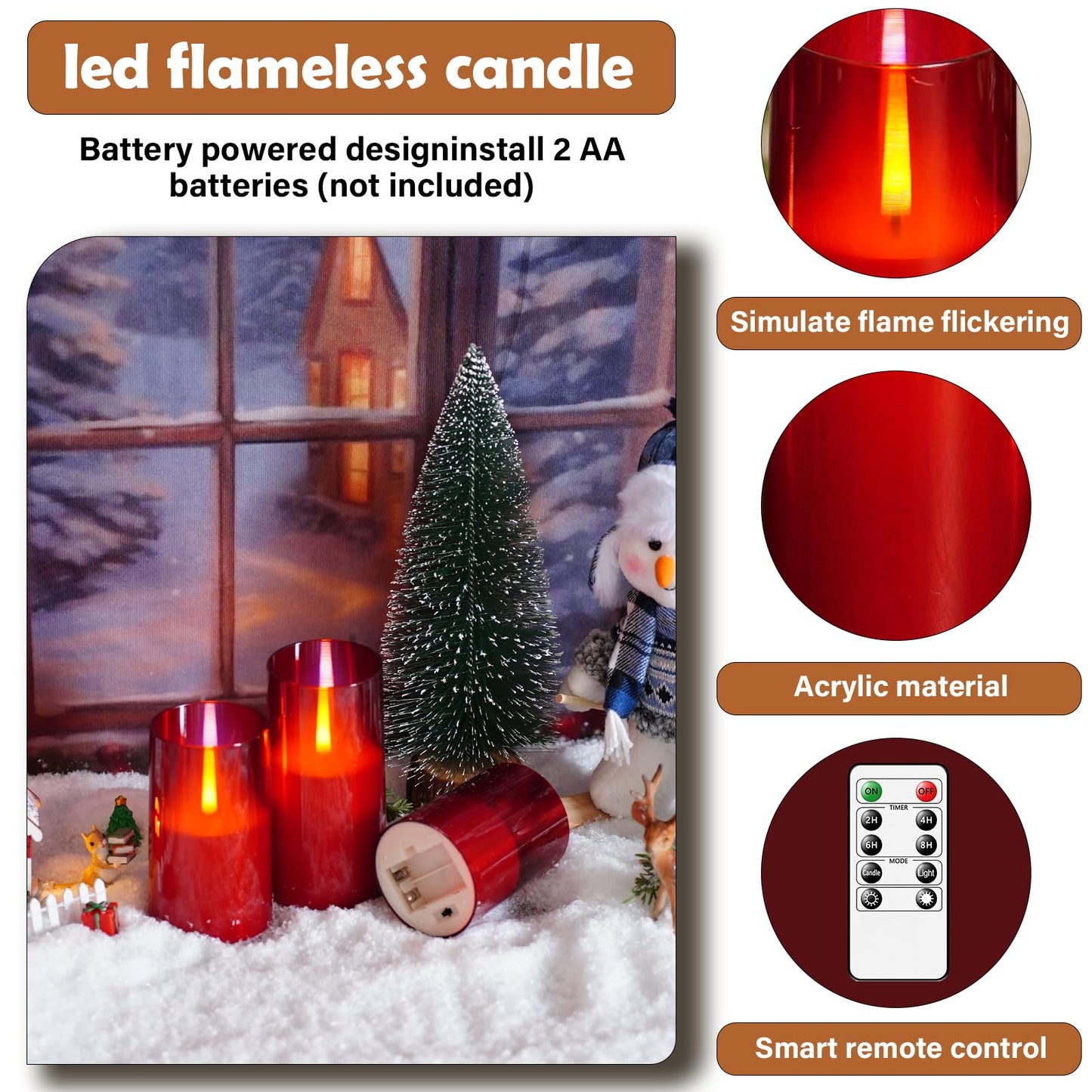 kakoya Flameless Candles Upgraded Realistic Flickering Flame,Battery Operated LED Candles with Remote Timers,Acrylic Electric Candles Set of 3(D 3" xH 4" 5" 6")（Red）