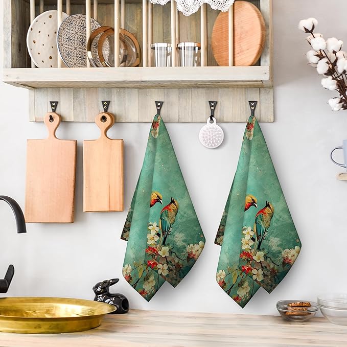 Cute Birds Kitchen Towels Decorative Set of 2, Absorbent Dish Towels Green Tea