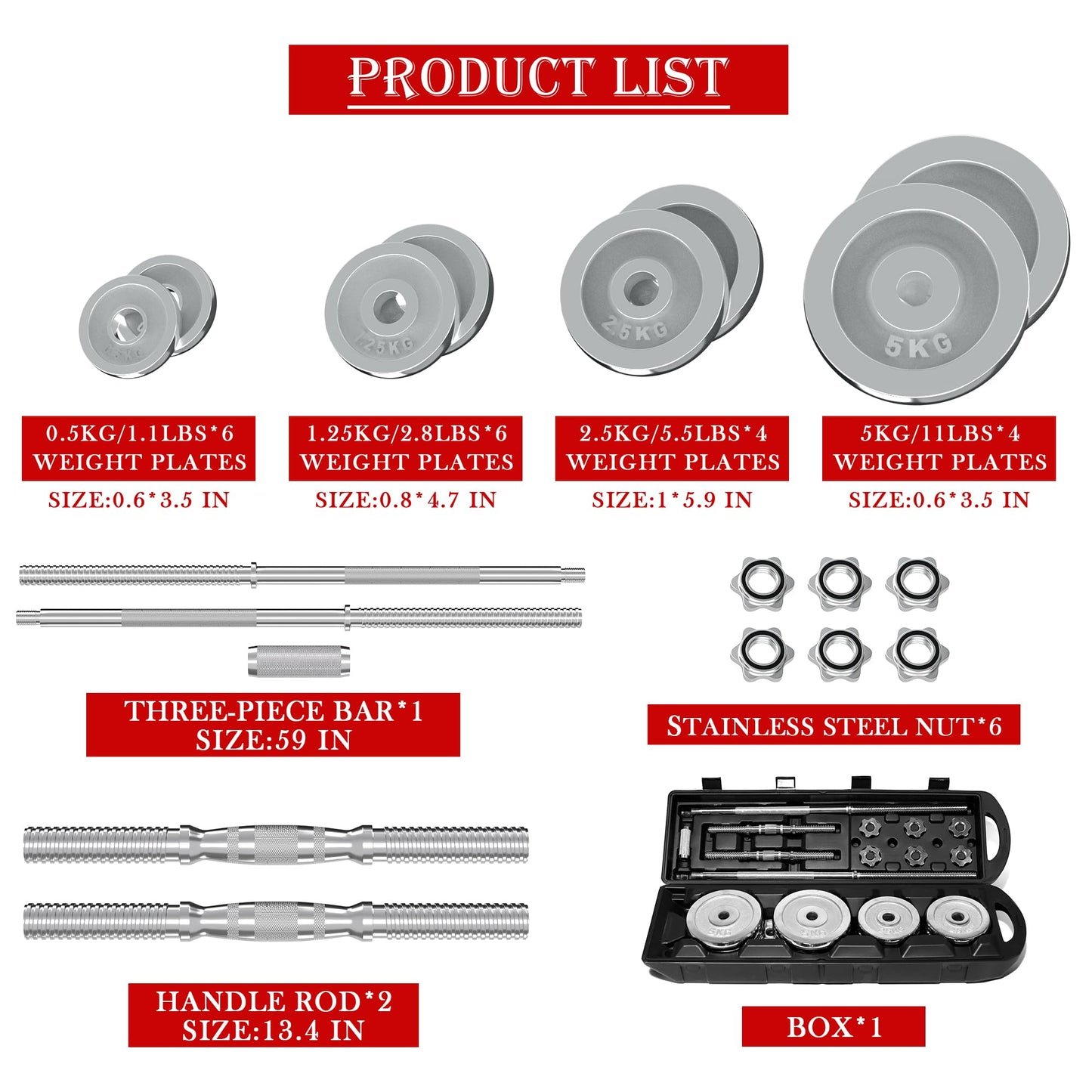 VIVITORY Fitness Dumbbells Set, Adjustable Weight Sets up to 11/22/44/66/110 lbs, with Metal Connecting Rod Used As Barbell, Chromed Weights, Hardcover Gift Box, Home Gym Work Out Training Equipment
